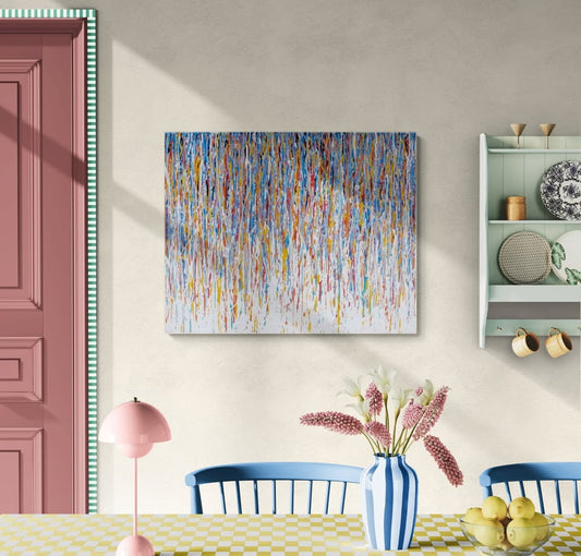 Blue Vertical Drips on 100x80cm Stretched Canvas