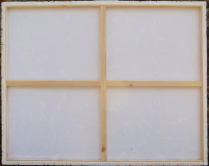 Abstract art with orange, white, and blue lines on a textured background, painted on a 101.5 cm y 81 cm stretched canvas - back