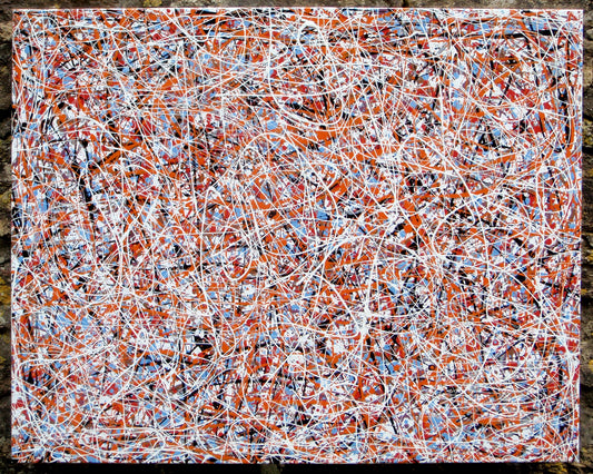 Abstract art with orange, white, and blue lines on a textured background, painted on a 101.5 cm y 81 cm stretched canvas - front