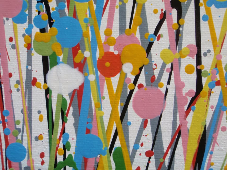 A colourful abstract painting of a grassy field under a blue sky, with splashes of pink, yellow, blue, green, and orange dots and lines throughout, hand-painted on to a large canvas - detail