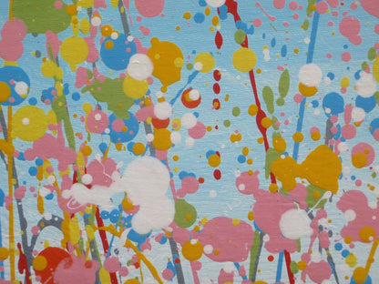 A colourful abstract painting of a grassy field under a blue sky, with splashes of pink, yellow, blue, green, and orange dots and lines throughout, hand-painted on to a large canvas - detail