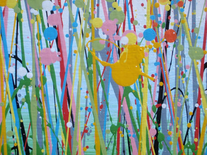 A colourful abstract landscape painting depicting a field of tall grass under a blue sky, with splatters and drips of yellow, red, orange, blue, pink, and green paint throughout. Hand-painted on to a large 101.5 by 81 cm stretched canvas - detail