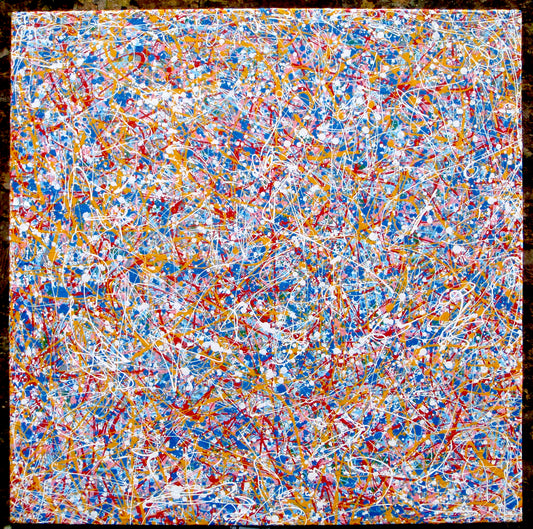 Abstract artwork with a mix of blue, red, and yellow colours on a textured background, on a stretched 120 by 120.5 cm canvas - full view