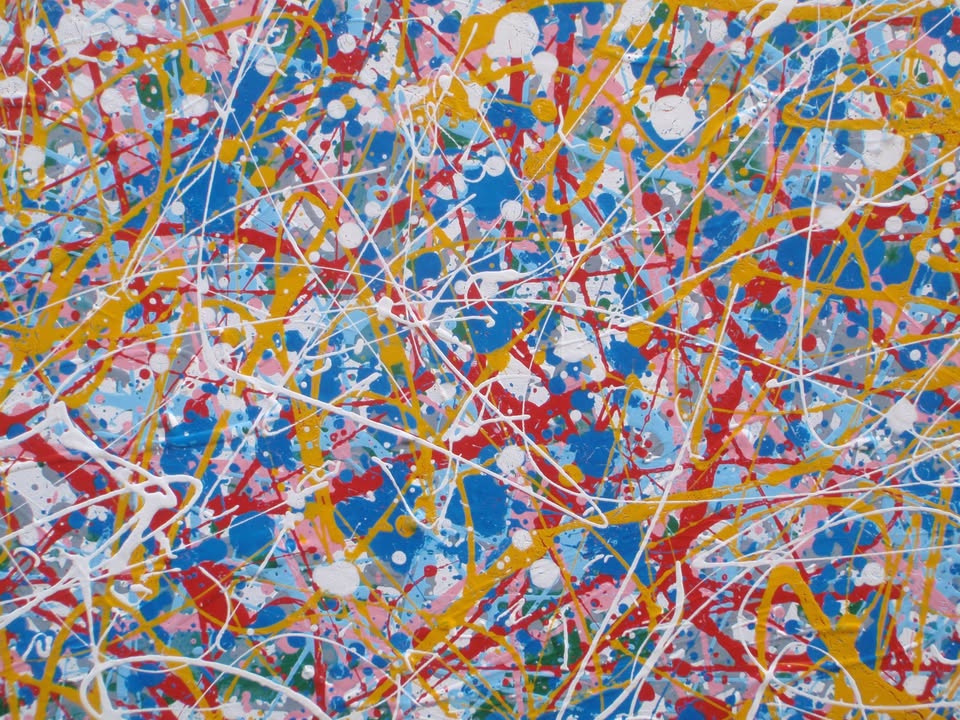 Abstract artwork with a mix of blue, red, and yellow colours on a textured background, on a stretched 120 by 120.5 cm canvas - detail