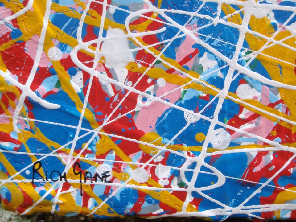 Abstract artwork with a mix of blue, red, and yellow colours on a textured background, on a stretched 120 by 120.5 cm canvas - detail