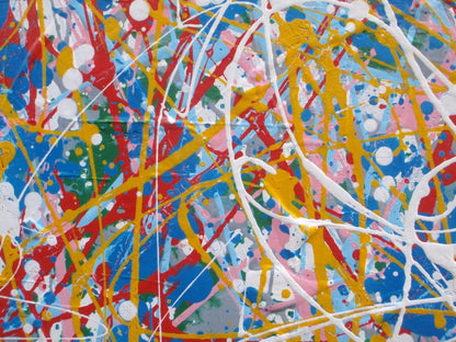 Abstract artwork with a mix of blue, red, and yellow colours on a textured background, on a stretched 120 by 120.5 cm canvas - detail