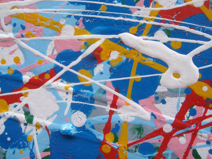 Abstract artwork with a mix of blue, red, and yellow colours on a textured background, on a stretched 120 by 120.5 cm canvas - detail