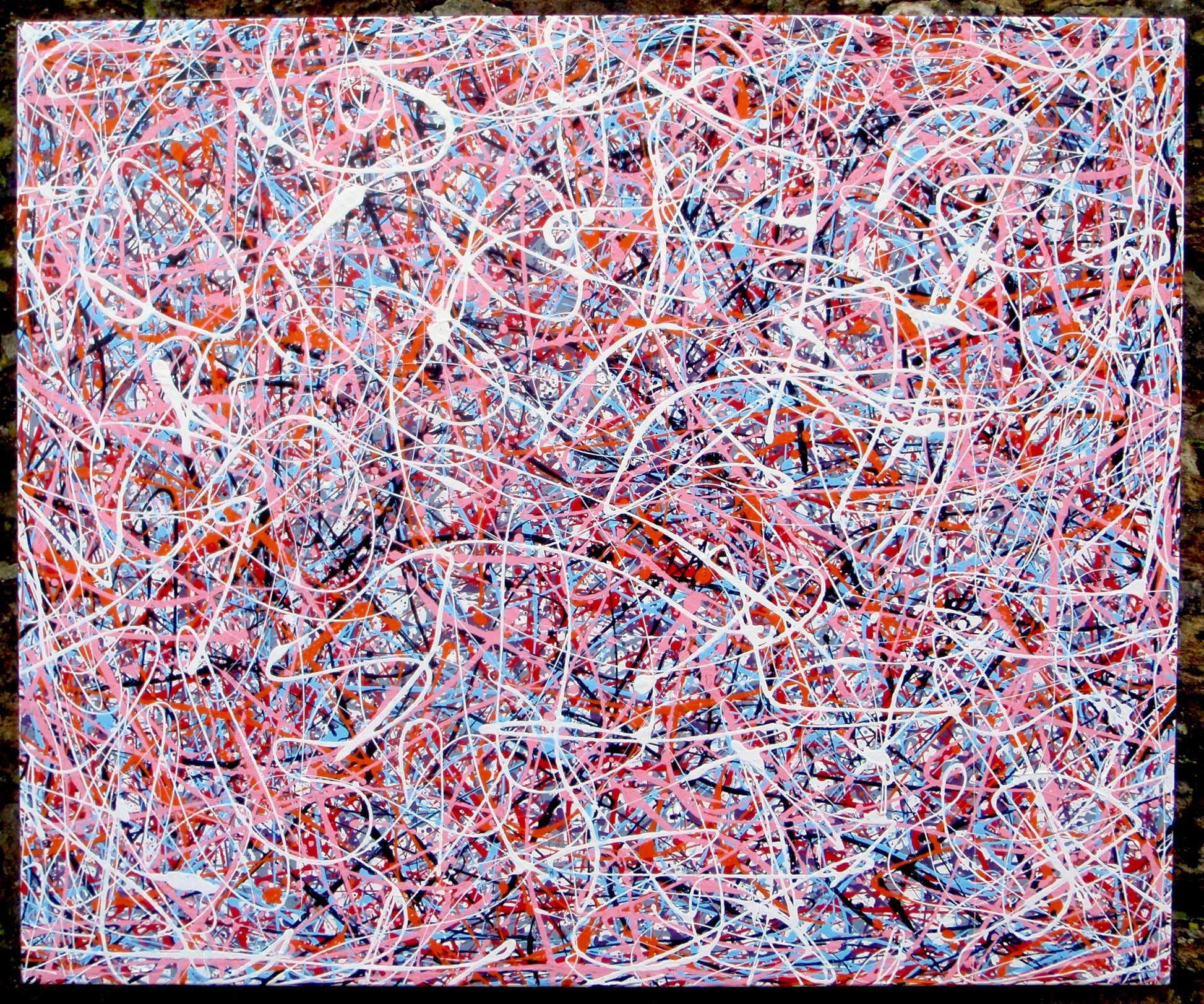 Abstract original artwork with pink, black and white, on a massive 120 cm by 100 cm canvas - full view