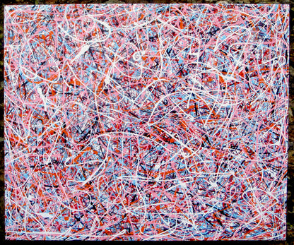 Abstract original artwork with pink, black and white, on a massive 120 cm by 100 cm canvas - full view