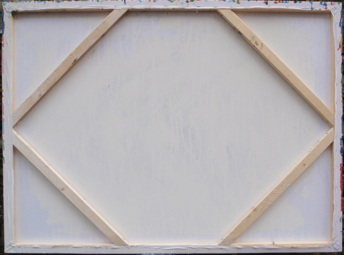 Abstract original canvas wall art painting with colourful vertical lines and stripes, on a stretched 15 cm by 100 cm canvas - back