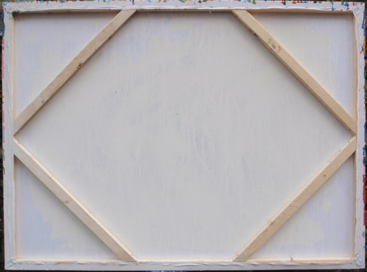 Abstract original canvas wall art painting with colourful vertical lines and stripes, on a stretched 15 cm by 100 cm canvas - back