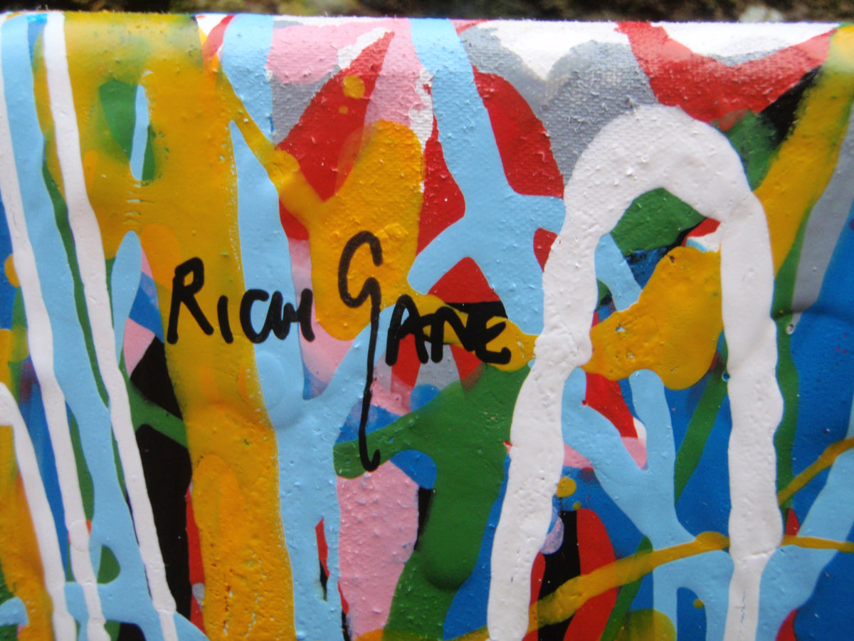 Abstract artwork with colourful vertical lines and stripes on a huge 135 cm by 100 cm stretched canvas - detail