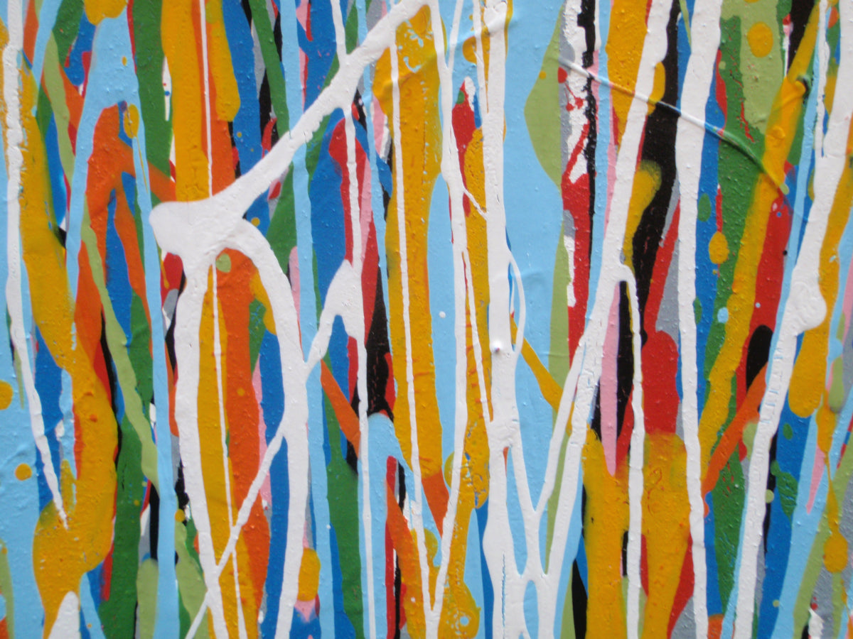 Abstract artwork with colourful vertical lines and stripes on a huge 135 cm by 100 cm stretched canvas - detail