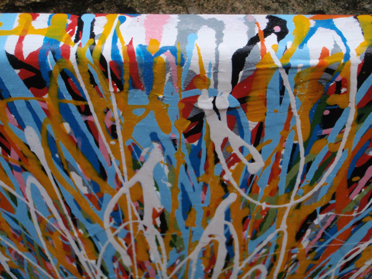 Abstract artwork with colourful vertical lines and stripes on a huge 135 cm by 100 cm stretched canvas - detail