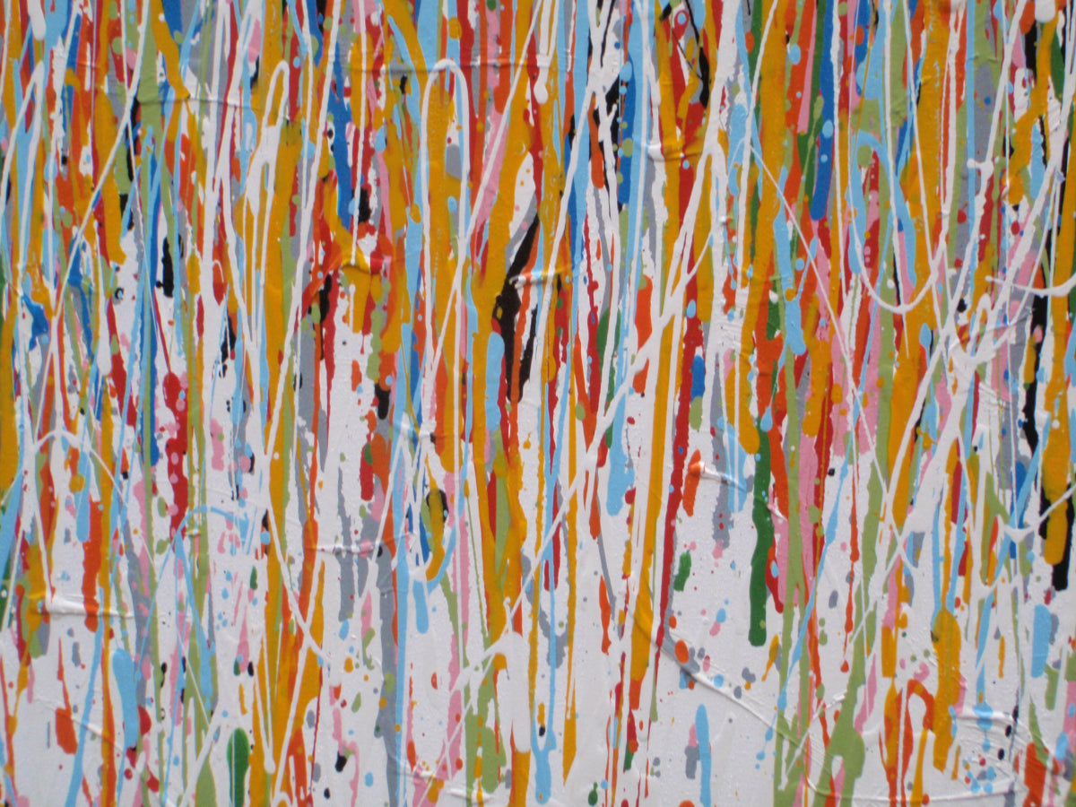 Abstract artwork with colourful vertical lines and stripes on a huge 135 cm by 100 cm stretched canvas - detail