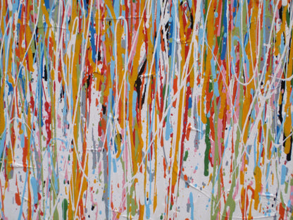 Abstract artwork with colourful vertical lines and stripes on a huge 135 cm by 100 cm stretched canvas - detail
