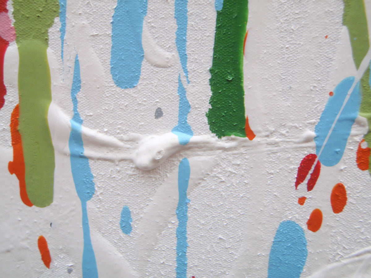 Abstract artwork with colourful vertical lines and stripes on a huge 135 cm by 100 cm stretched canvas - detail