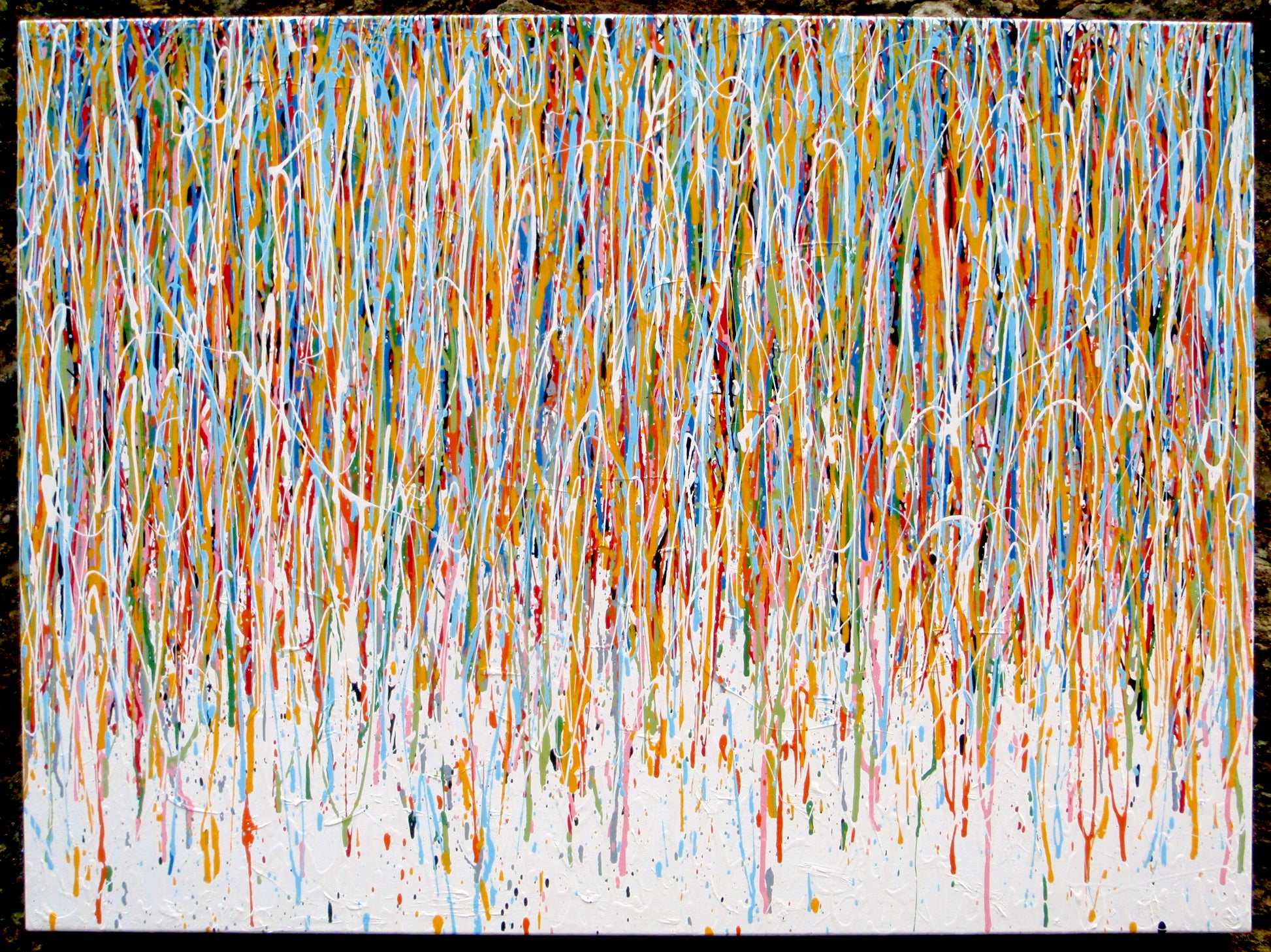 Abstract original canvas wall art painting with colourful vertical lines and stripes, on a stretched 15 cm by 100 cm canvas - full view