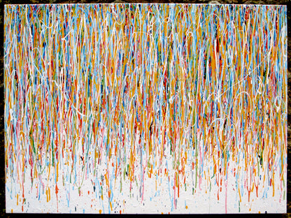 Abstract original canvas wall art painting with colourful vertical lines and stripes, on a stretched 15 cm by 100 cm canvas - full view