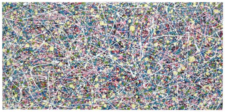 Abstract colourful painting on large stretched canvas - full view 