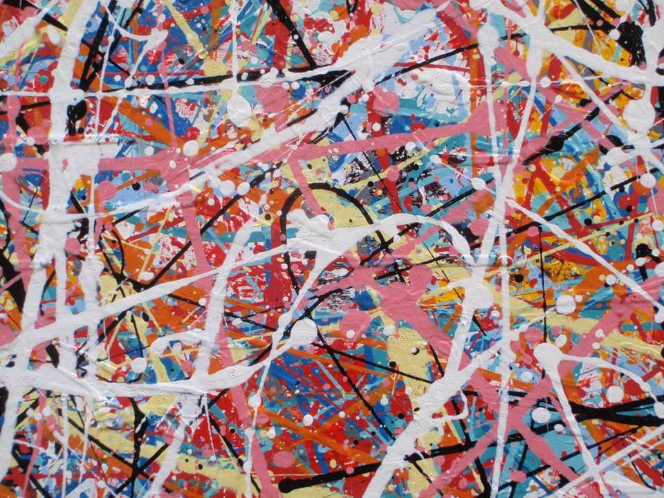 Colourful original drip painting with pink and white on a stretched 143 cm by 91 cm canvas - detail