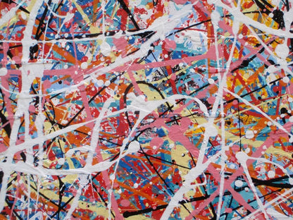 Colourful original drip painting with pink and white on a stretched 143 cm by 91 cm canvas - detail