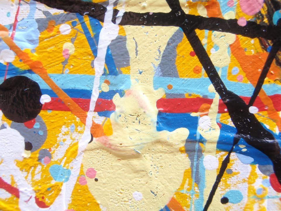 Colourful original drip painting with pink and white on a stretched 143 cm by 91 cm canvas - detail