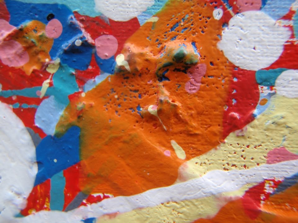 Colourful original drip painting with pink and white on a stretched 143 cm by 91 cm canvas - detail