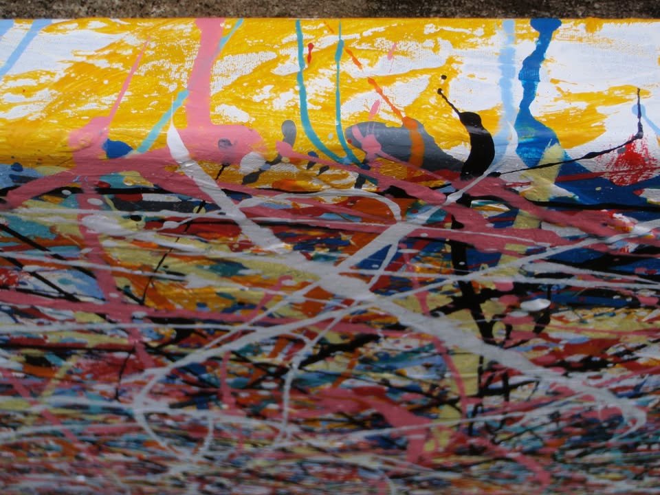 Colourful original drip painting with pink and white on a stretched 143 cm by 91 cm canvas - detail