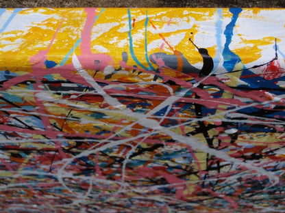 Colourful original drip painting with pink and white on a stretched 143 cm by 91 cm canvas - detail