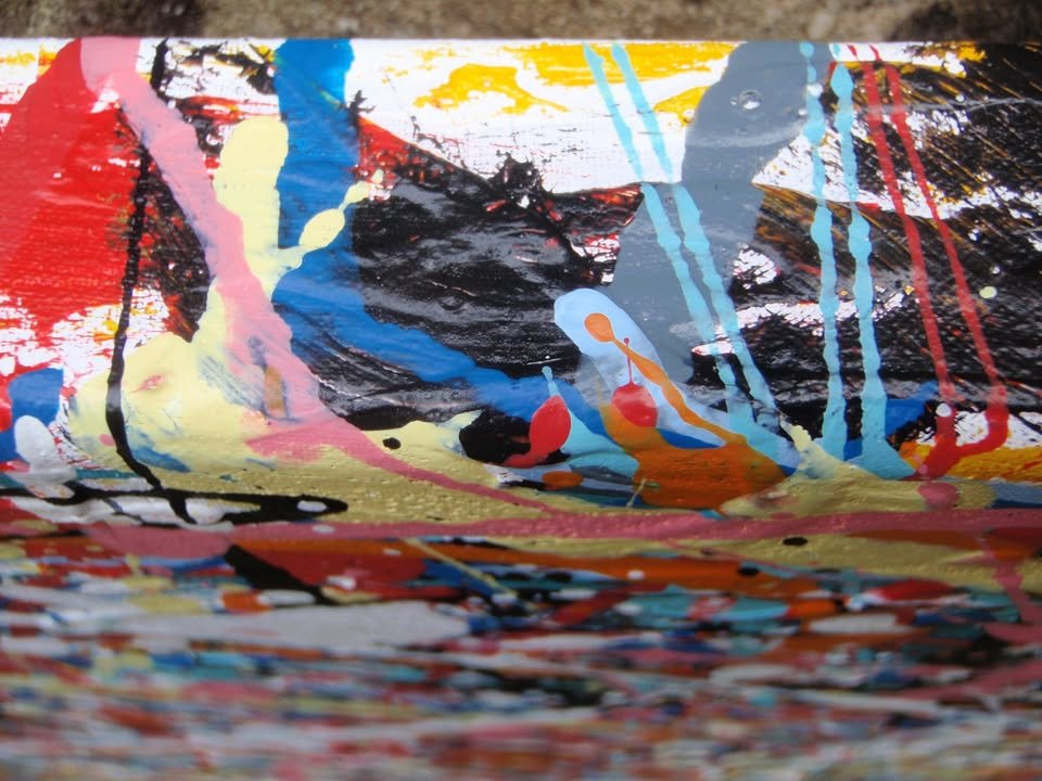 Colourful original drip painting with pink and white on a stretched 143 cm by 91 cm canvas - detail