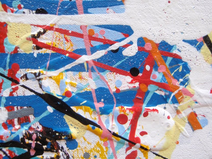 Colourful original drip painting with pink and white on a stretched 143 cm by 91 cm canvas - detail