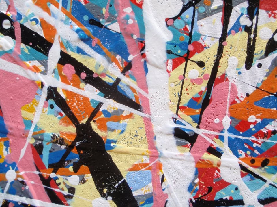 Colourful original drip painting with pink and white on a stretched 143 cm by 91 cm canvas - detail