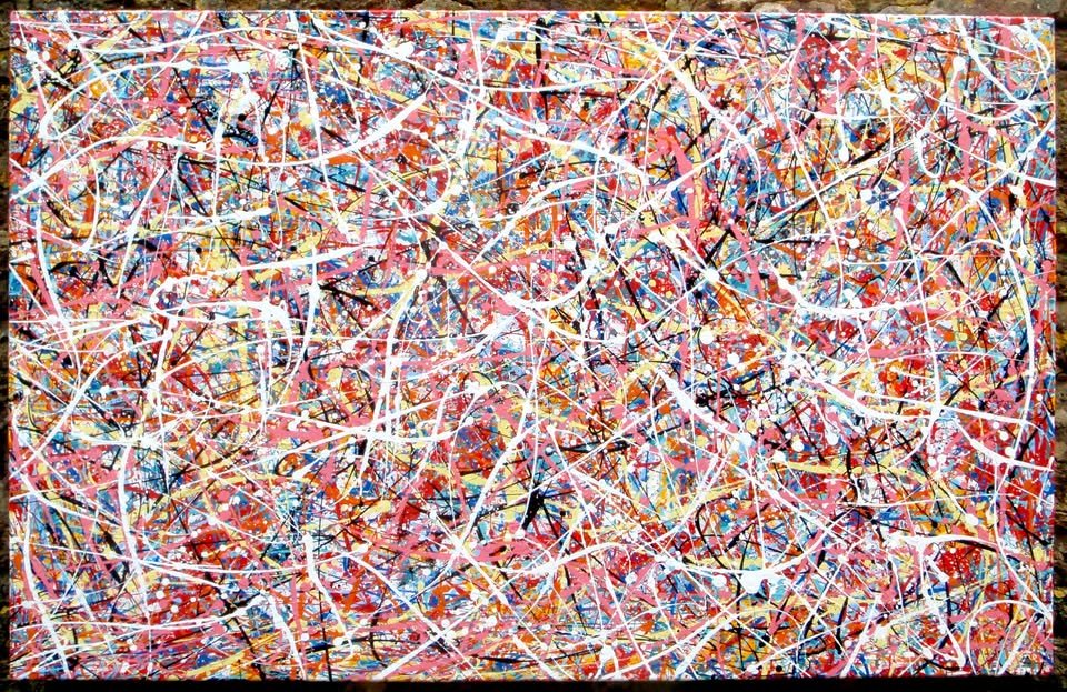 Colourful original drip painting with pink and white on a stretched 143 cm by 91 cm canvas - full view