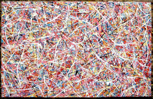 Colourful original drip painting with pink and white on a stretched 143 cm by 91 cm canvas - full view