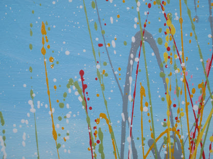 Abstract wall art grass meadow landscape painting on a large 150 cm by 100 cm framed canvas - detail