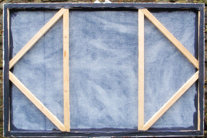 150 cm by 100 cm original orange and teal abstract drip painting on a very large framed canvas, by Rich Gane - back