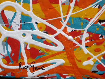 150 cm by 100 cm original orange and teal abstract drip painting on a very large framed canvas, by Rich Gane - detail