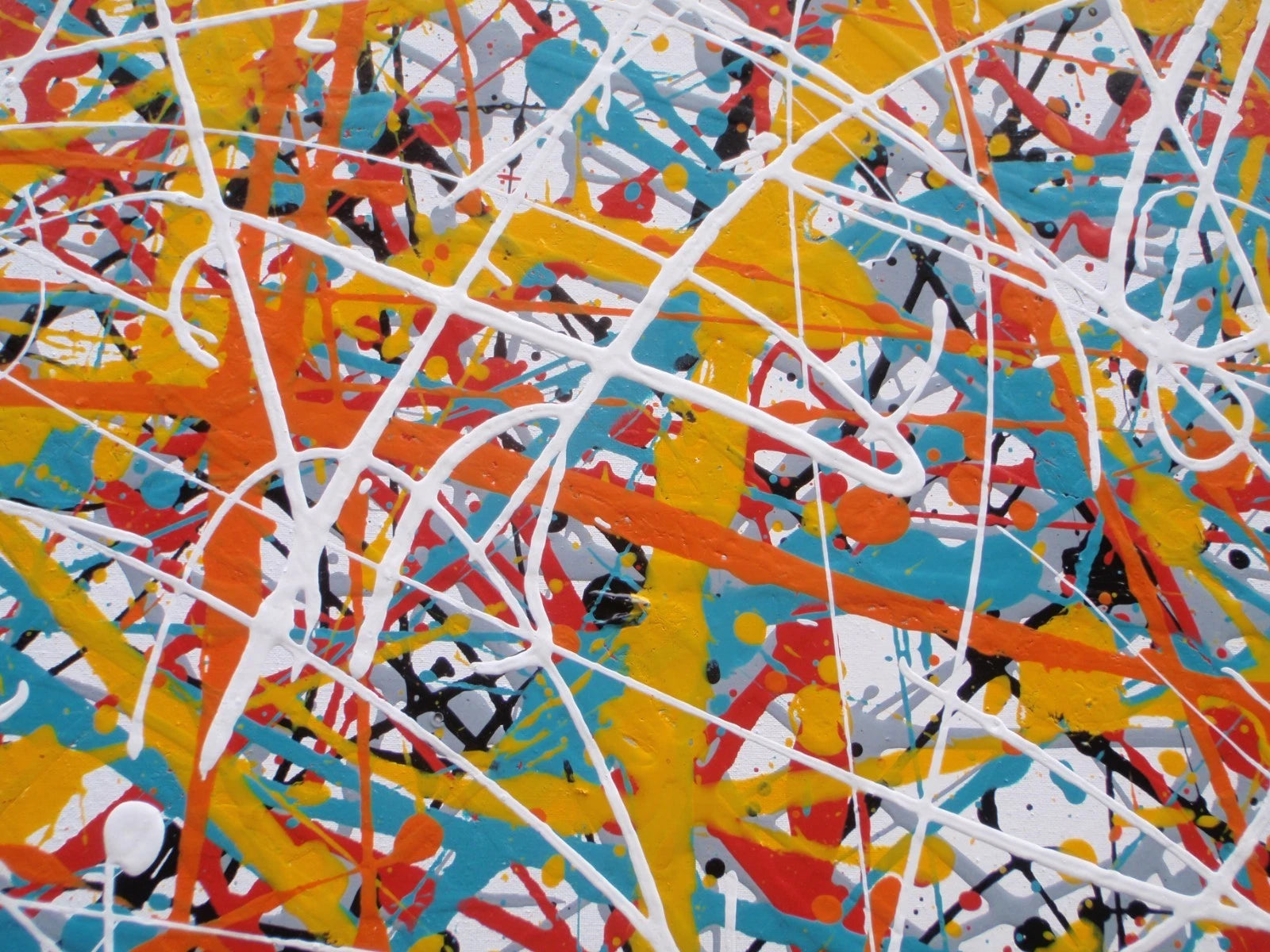 150 cm by 100 cm original orange and teal abstract drip painting on a very large framed canvas, by Rich Gane - detail