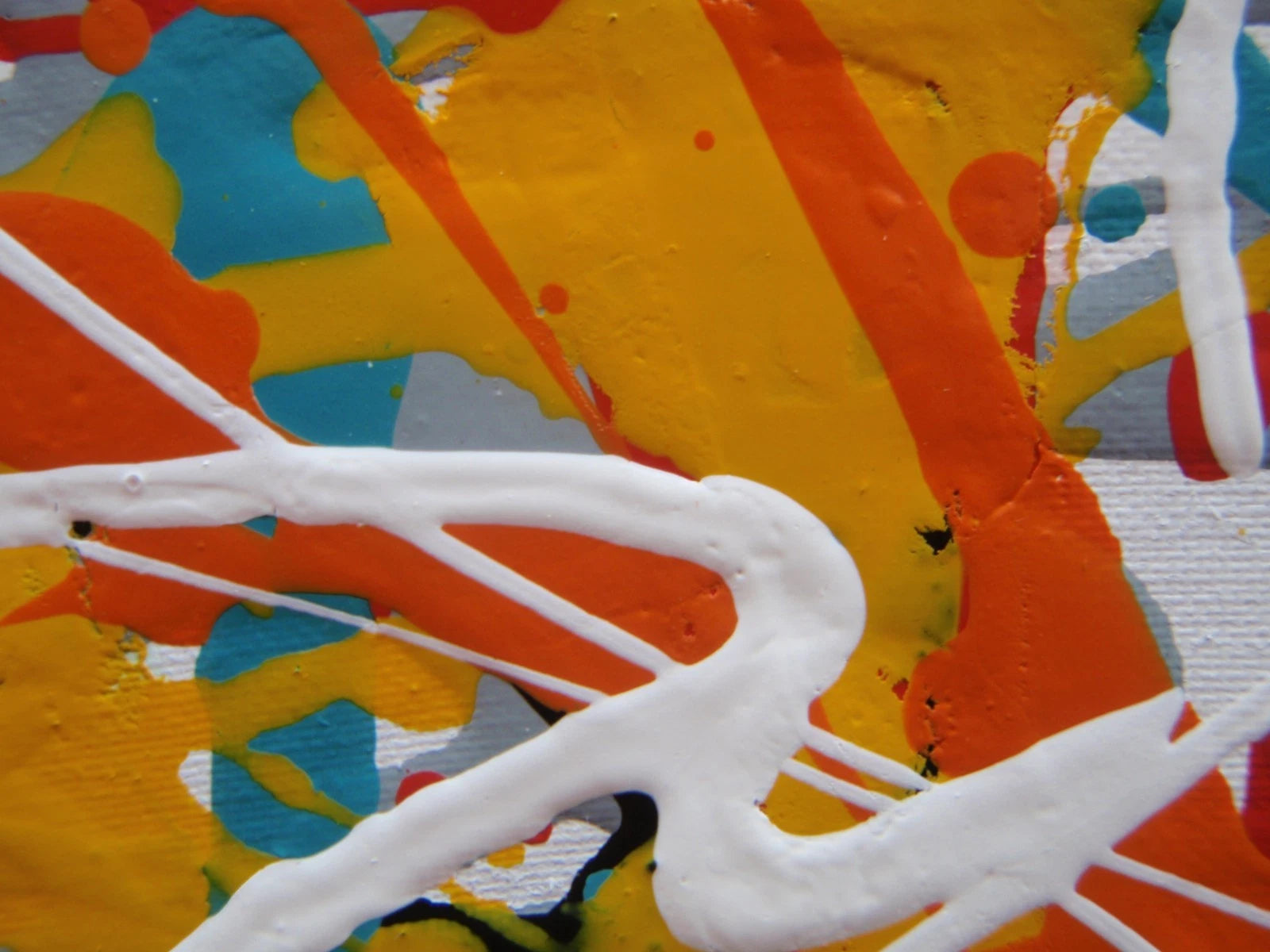 150 cm by 100 cm original orange and teal abstract drip painting on a very large framed canvas, by Rich Gane - detail