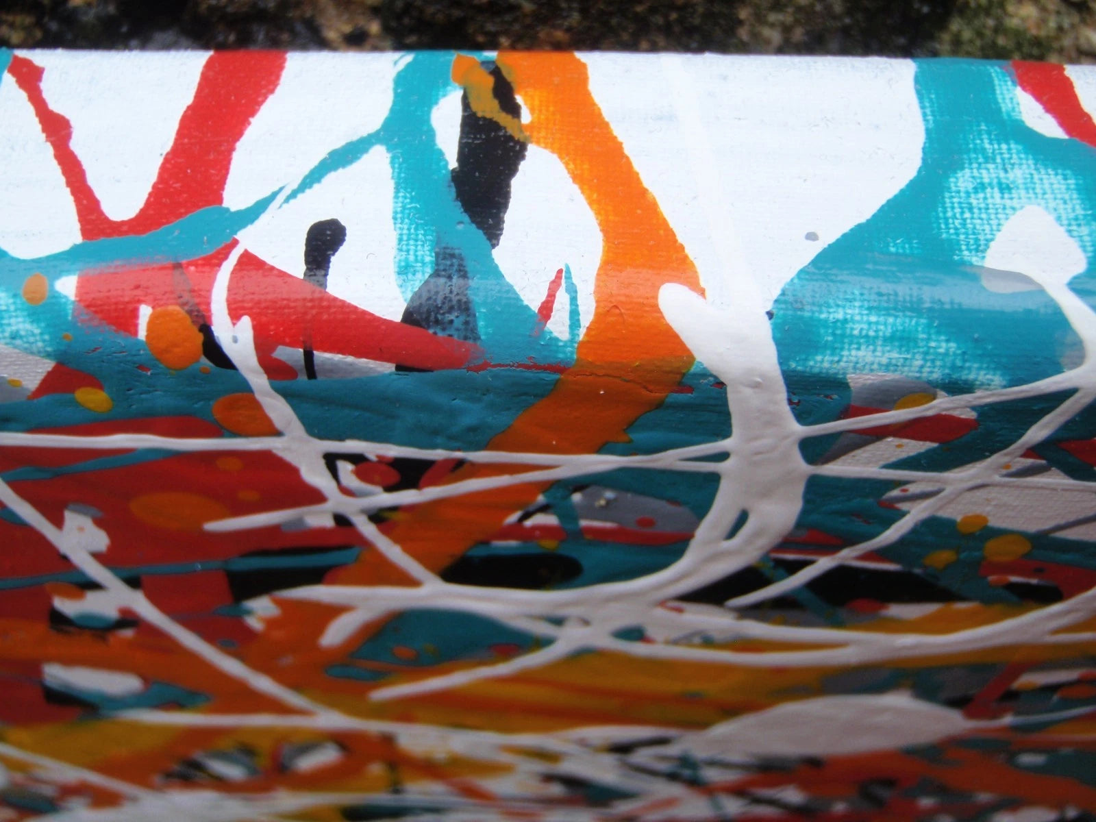 150 cm by 100 cm original orange and teal abstract drip painting on a very large framed canvas, by Rich Gane - detail