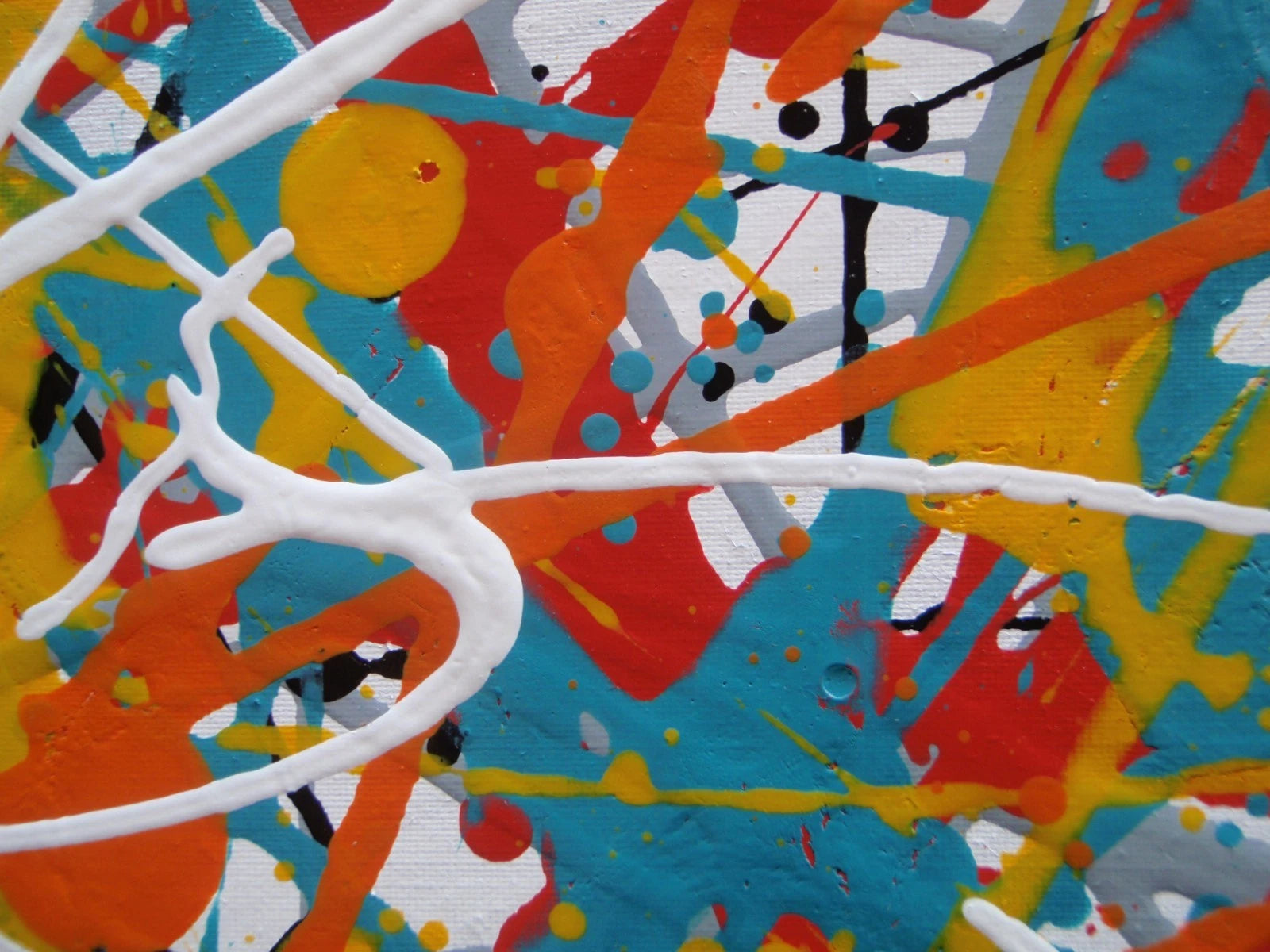 150 cm by 100 cm original orange and teal abstract drip painting on a very large framed canvas, by Rich Gane - detail