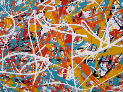 150 cm by 100 cm original orange and teal abstract drip painting on a very large framed canvas, by Rich Gane - detail