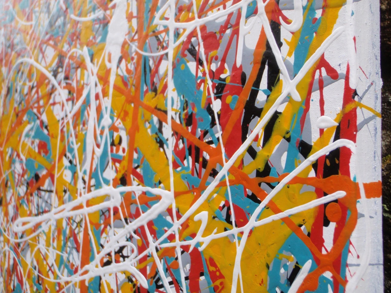 150 cm by 100 cm original orange and teal abstract drip painting on a very large framed canvas, by Rich Gane - detail