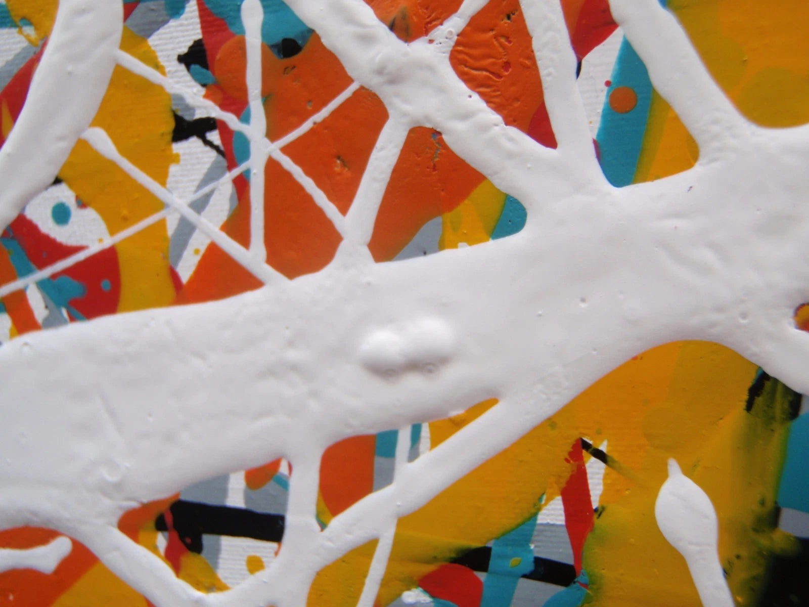 150 cm by 100 cm original orange and teal abstract drip painting on a very large framed canvas, by Rich Gane - detail