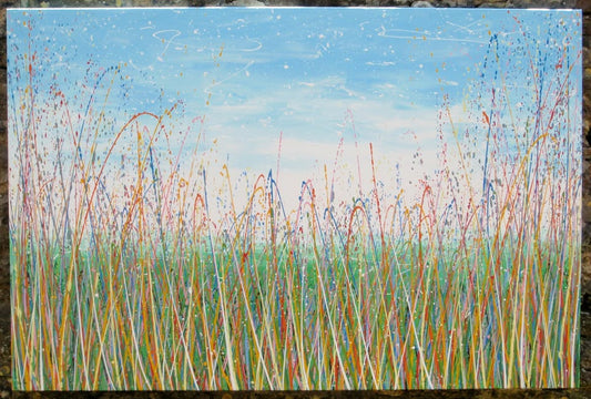 Artistic depiction of grasses swaying in the wind with a blue sky on 150 cm by 100 cm stretched canvas - full view