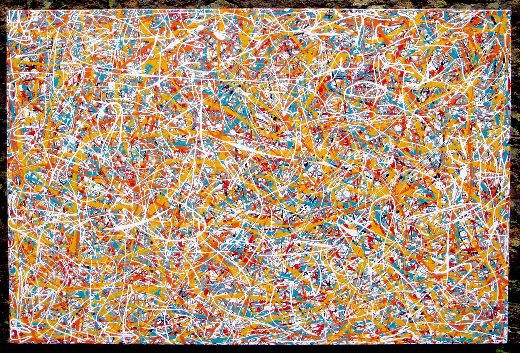 150 cm by 100 cm original orange and teal abstract drip painting on a very large framed canvas, by Rich Gane - full view