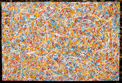 150 cm by 100 cm original orange and teal abstract drip painting on a very large framed canvas, by Rich Gane - full view