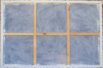 150 by 100 cm hand-painted modern art drip painting on a framed canvas, featuring blue and light brown - back