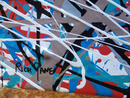 150 by 100 cm hand-painted modern art drip painting on a framed canvas, featuring blue and light brown - detail